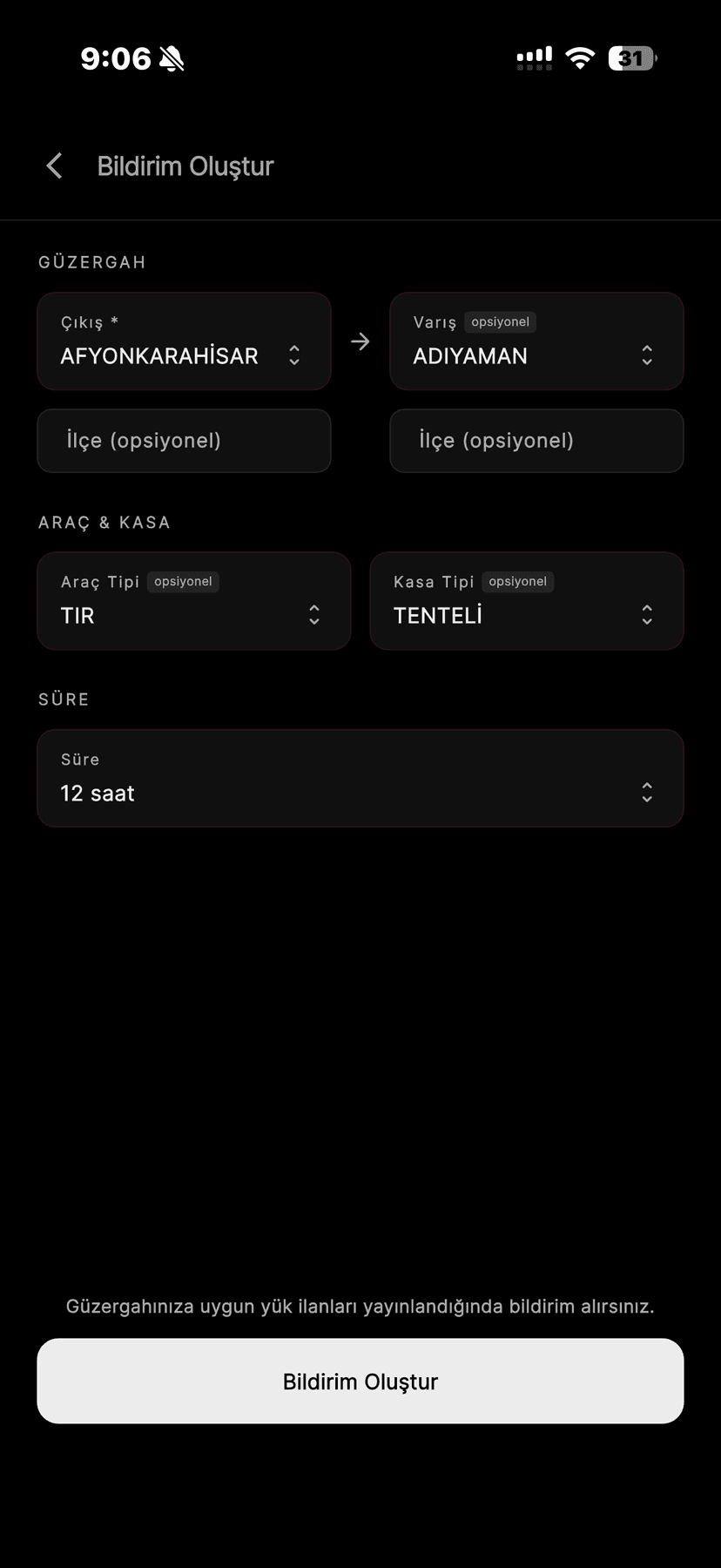 AnkaGo bildirim oluşturma ekranı